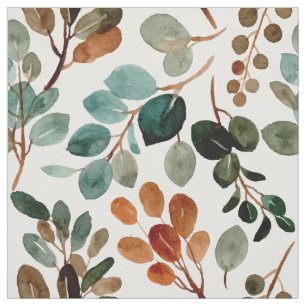 Blue Teal Rust Sage Green Watercolor Leaves White Fabric