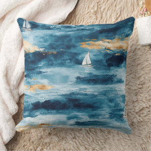 Blue Teal Sailboat Coastal Wave Pattern Cushion
