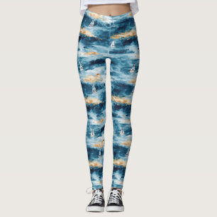 Blue Teal Sailboat Coastal Wave Pattern Leggings