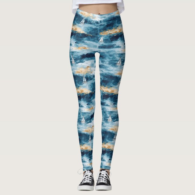 Blue Teal Sailboat Coastal Wave Pattern Leggings (Front)