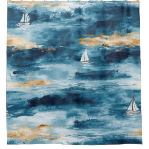 Blue Teal Sailboat Coastal Wave Pattern Shower Curtain