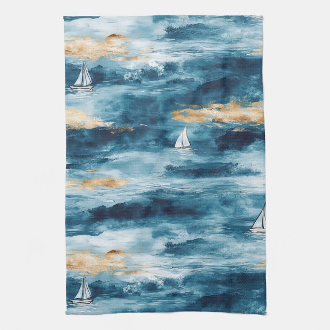 Blue Teal Sailboat Coastal Wave Pattern Tea Towel (Vertical)