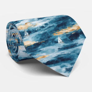 Blue Teal Sailboat Coastal Wave Pattern Tie
