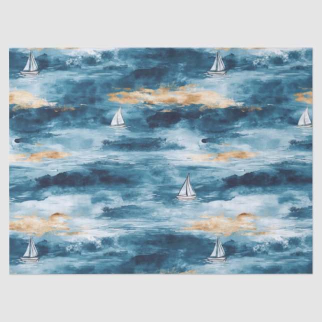 Blue Teal Sailboat Coastal Wave Pattern Tissue Paper (Front)