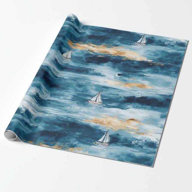 Blue Teal Sailboat Coastal Wave Pattern Wrapping Paper (Unrolled)