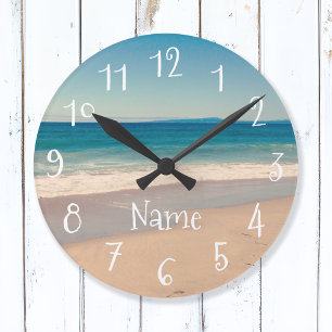 Blue Teal Sandy Beach Scenic Photo Round Clock