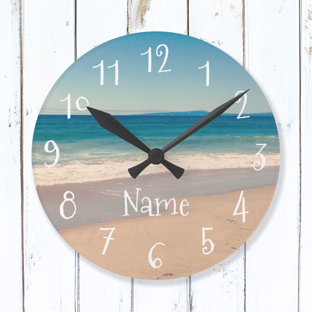 Blue Teal Sandy Beach Scenic Photo Round Clock (Custom Photo Wall Clock)