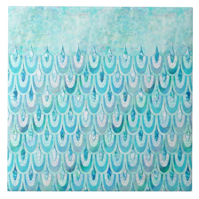 Blue Teal Shiny Mermaid Scales Fish Scales Ceramic Tile (Front)