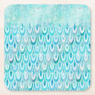 Blue Teal Shiny Mermaid Scales Fish Scales Square Paper Coaster