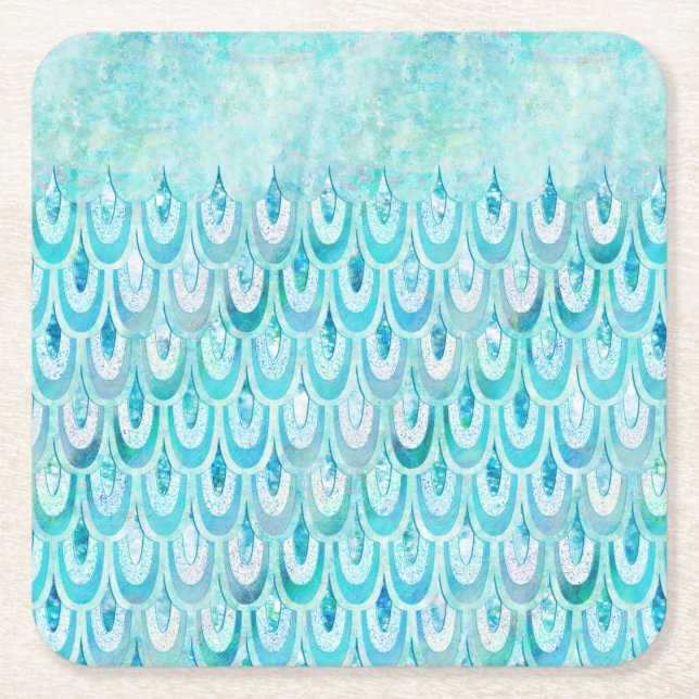 Blue Teal Shiny Mermaid Scales Fish Scales Square Paper Coaster (Front)