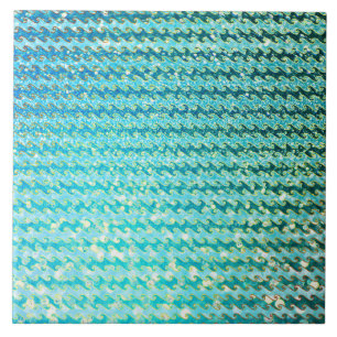 Blue Teal Sparkle Ocean Mermaid Waves Pattern Ceramic Tile