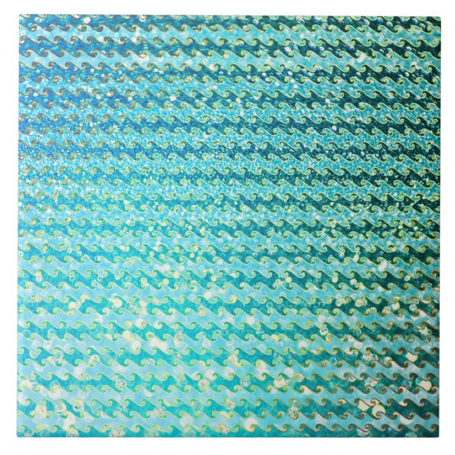 Blue Teal Sparkle Ocean Mermaid Waves Pattern Ceramic Tile (Front)