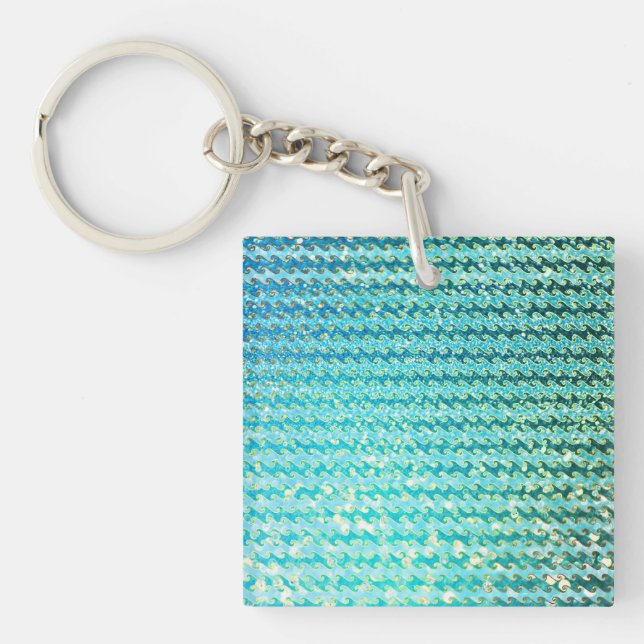 Blue Teal Sparkle Ocean Mermaid Waves Pattern Key Ring (Front)