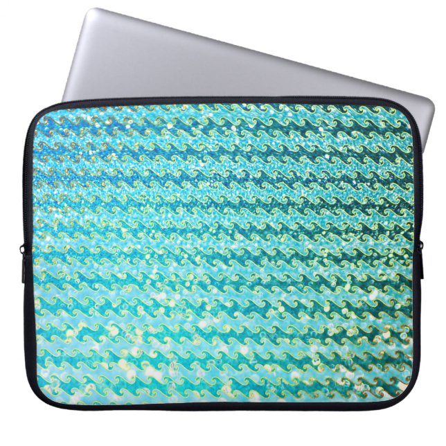 Blue Teal Sparkle Ocean Mermaid Waves Pattern Laptop Sleeve (Front)
