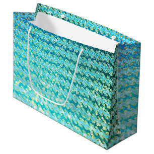 Blue Teal Sparkle Ocean Mermaid Waves Pattern Large Gift Bag