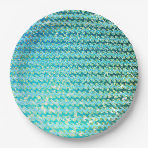 Blue Teal Sparkle Ocean Mermaid Waves Pattern Paper Plate