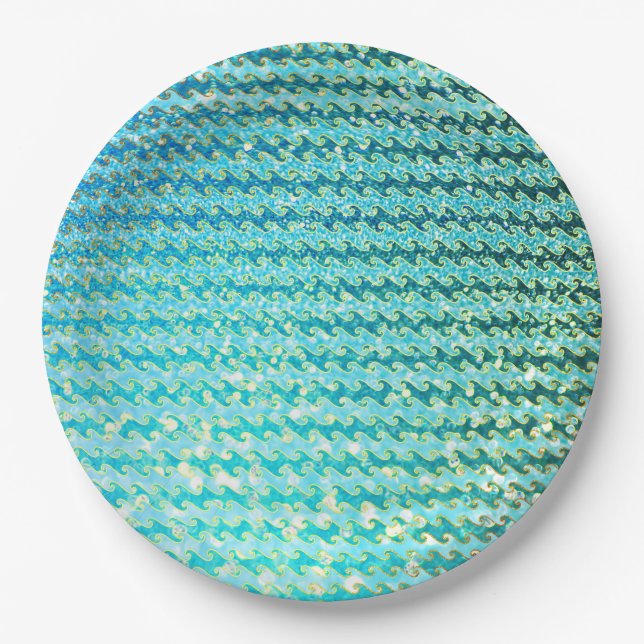 Blue Teal Sparkle Ocean Mermaid Waves Pattern Paper Plate (Front)