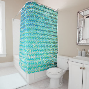 Blue Teal Sparkle Ocean Mermaid Waves Pattern Shower Curtain
