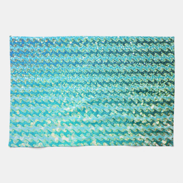 Blue Teal Sparkle Ocean Mermaid Waves Pattern Tea Towel (Horizontal)