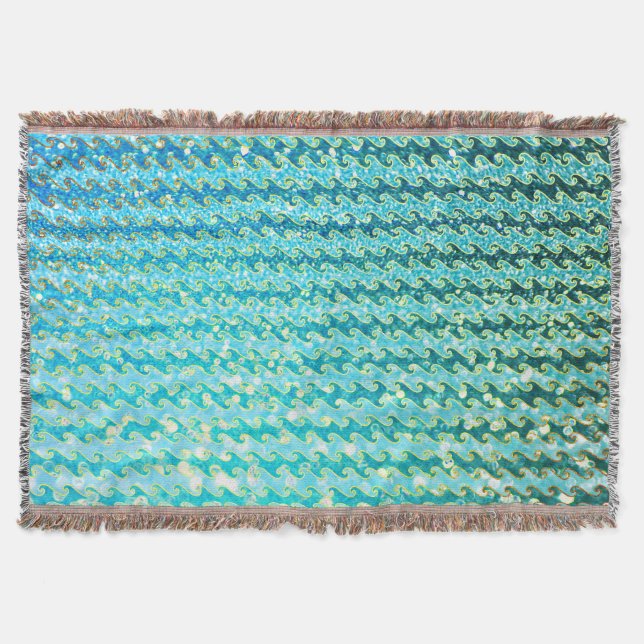Blue Teal Sparkle Ocean Mermaid Waves Pattern Throw Blanket (Front)