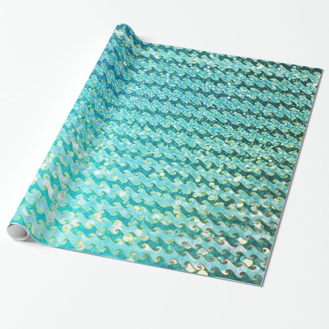 Blue Teal Sparkle Ocean Mermaid Waves Pattern Wrapping Paper (Unrolled)