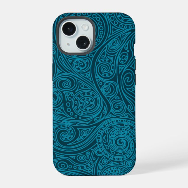 Blue Teal Spiral Pattern iPhone 15 Case (Back)