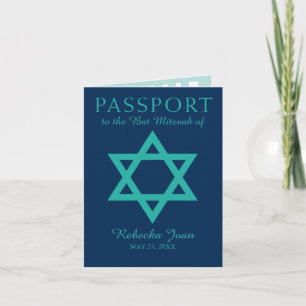Blue Teal Star of David Bat Mitzvah Passport Invitation
