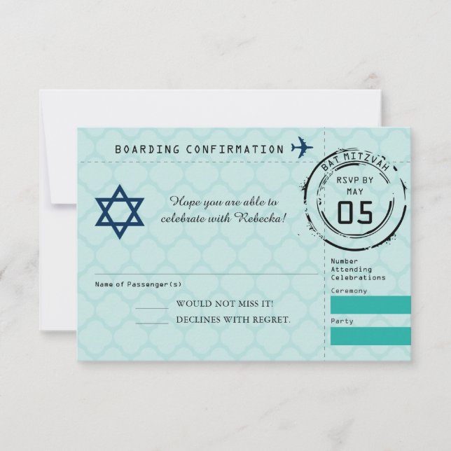Blue Teal Star of David Bat Mitzvah Passport RSVP Card (Front)