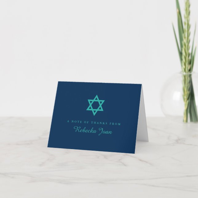 Blue Teal Star of David Bat Mitzvah Thank You Card (Front)