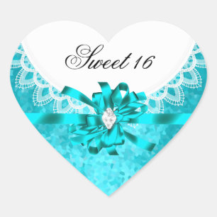 Blue Teal Sweet Sixteen Sweet 16 White Lace Heart Sticker