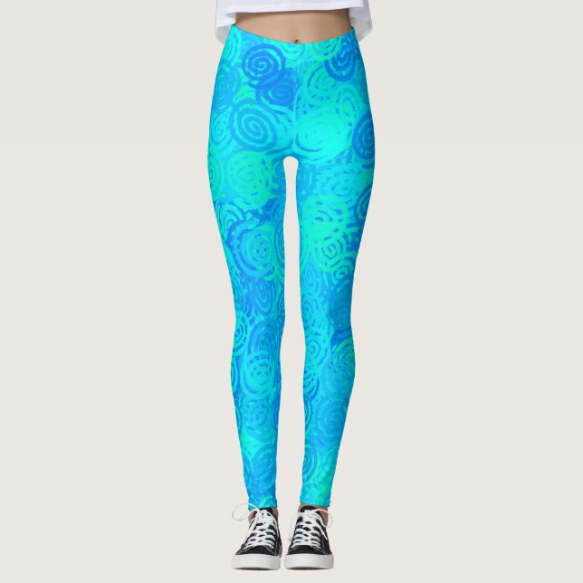 Blue Teal Swirls Pattern Leggings (Front)