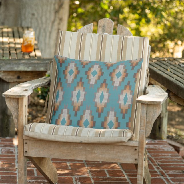 Blue Teal Terracotta Orange Brown Taupe Tribal Art Cushion (Chair)