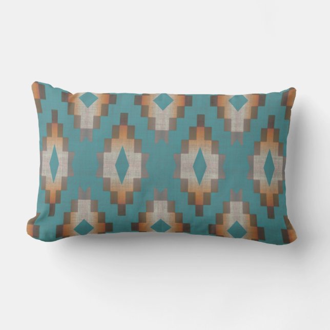 Blue Teal Terracotta Orange Brown Taupe Tribal Art Lumbar Cushion (Front)