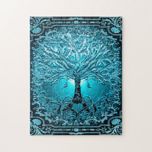 Blue Teal Tree of Life Ancient Rustic Inner Light  Jigsaw Puzzle