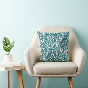 Blue Teal Tropical Leaves Cushion
