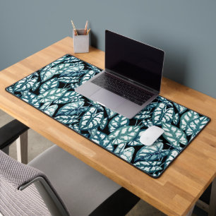 Blue Teal Tropical Leaves Desk Mat