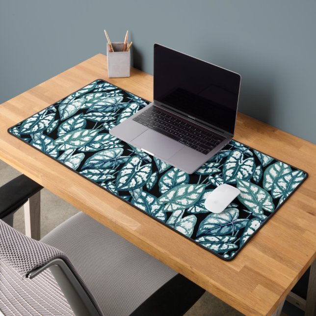 Blue Teal Tropical Leaves Desk Mat (Office 2)