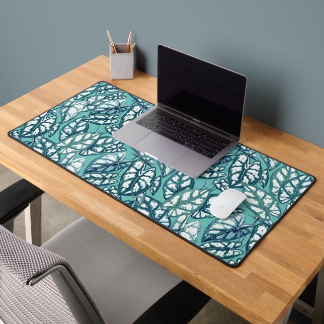 Blue Teal Tropical Leaves Desk Mat (Office 2)