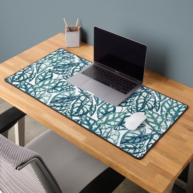 Blue Teal Tropical Leaves Desk Mat (Office 2)