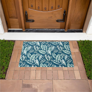 Blue Teal Tropical Leaves Doormat