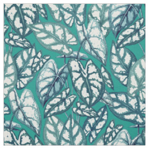 Blue Teal Tropical Leaves Fabric