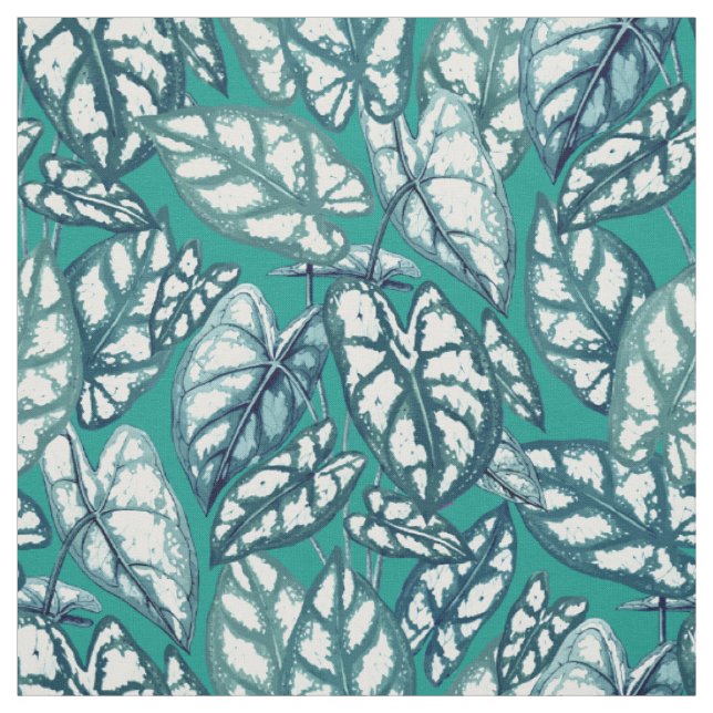 Blue Teal Tropical Leaves Fabric (Swatch)