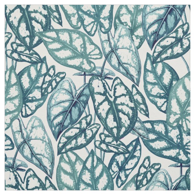 Blue Teal Tropical Leaves Fabric (Swatch)
