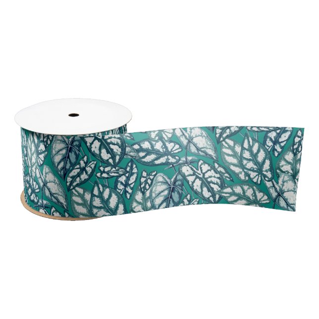 Blue Teal Tropical Leaves Satin Ribbon (Spool)