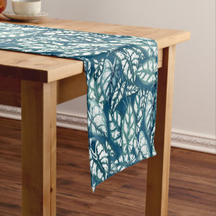 Blue Teal Tropical Leaves Short Table Runner
