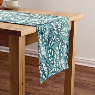 Blue Teal Tropical Leaves Short Table Runner