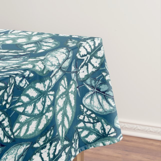 Blue Teal Tropical Leaves Tablecloth (In Situ)