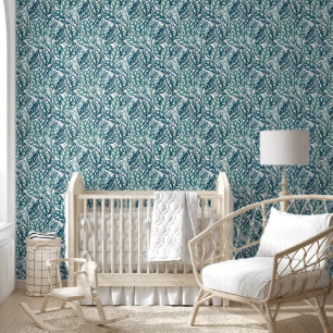 Blue Teal Tropical Leaves Wallpaper