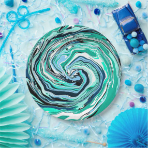 Blue, Teal, Turquoise and White Swirls Marble Art Paper Plate