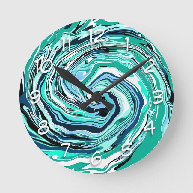Blue, Teal, Turquoise and White Swirls Marble Art  Round Clock (Front)